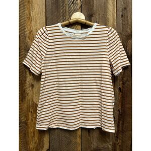A New Day White‎ and Brown Striped Short Puff Sleeve Nautical Preppy Staple